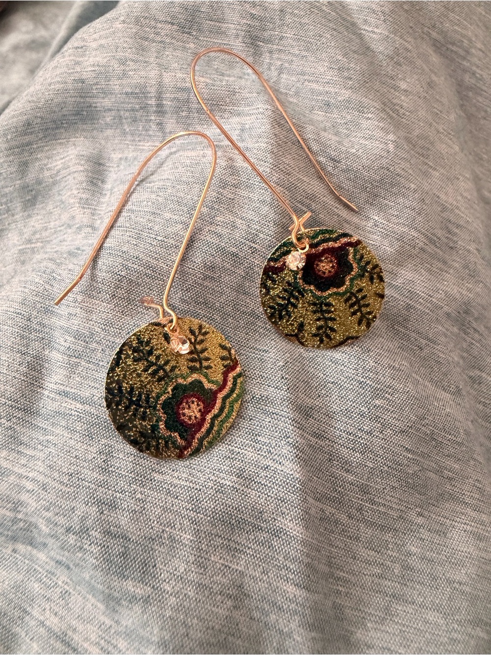 Cost Plus World Market Gold Floral Disc Drop Earrings with Green and Red Accents
